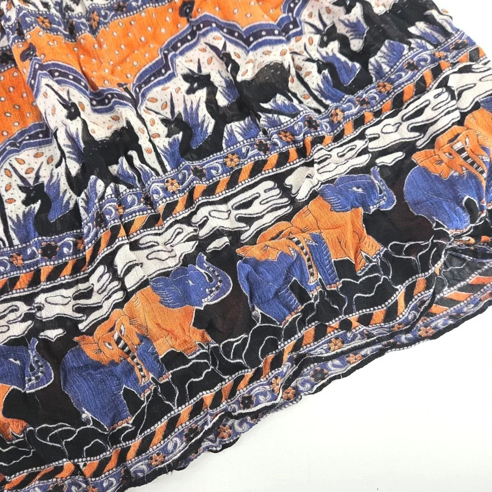 Vintage Semi-sheer Elephant Print Boho Maxi Skirt Orange Blue Black‎ White India